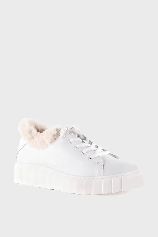 SKS-001 Fur Collar Beyaz Deri Kadın Sneaker