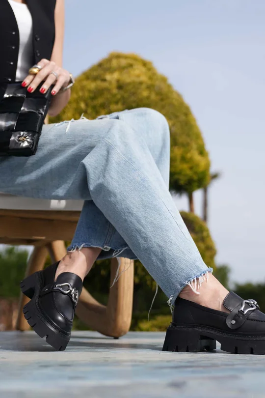 SKL-001 Chunky Siyah Deri Kadın Loafer