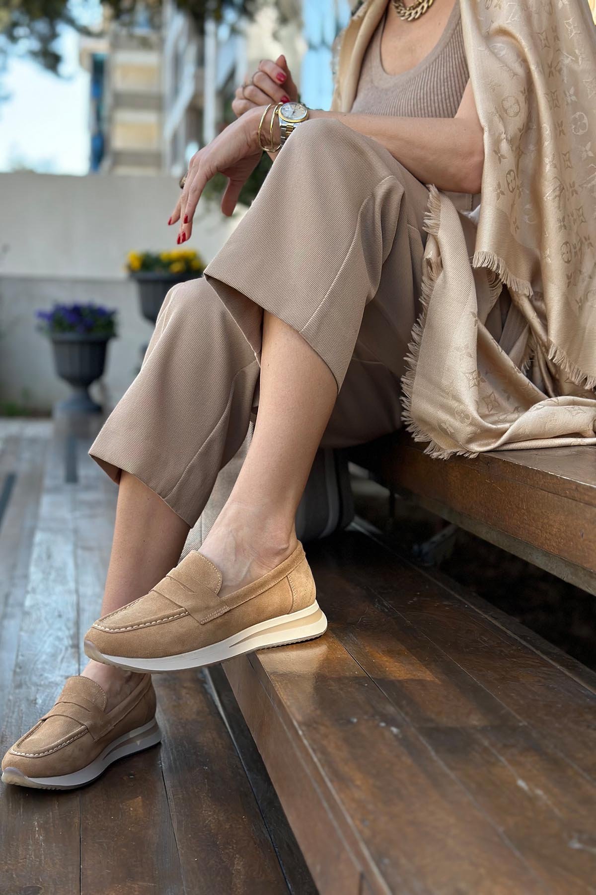 SKL-019 Camel Süet Kadın Loafer Ayakkabı