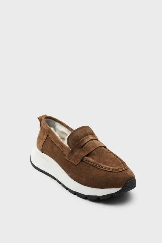 SKL-024 Taba Süet Kürklü Anatomik Kadın Loafer