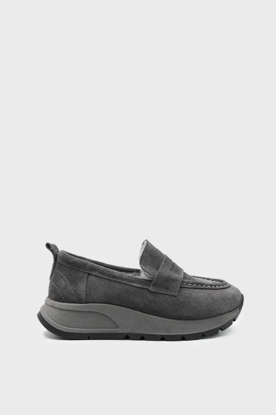 SKL-024 Gri Süet Kürklü Anatomik Kadın Loafer