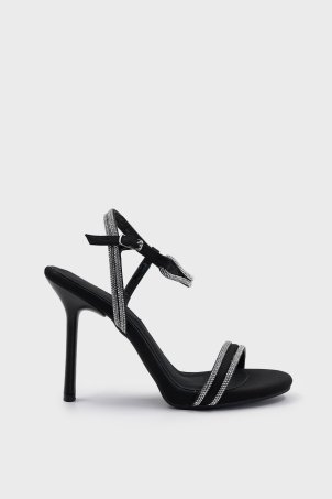 SKT-059 Siyah Süet Tek Bant Taşlı Topuklu Ayakkabı