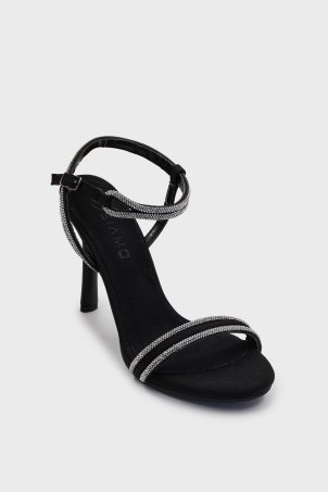 SKT-059 Siyah Süet Tek Bant Taşlı Topuklu Ayakkabı