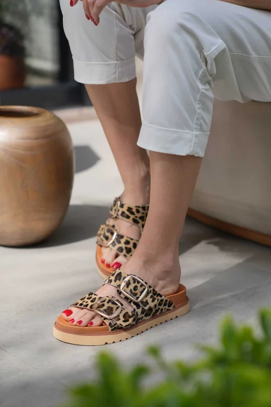 SKK-060 leopard Double Strap Comfort Leather Slipper