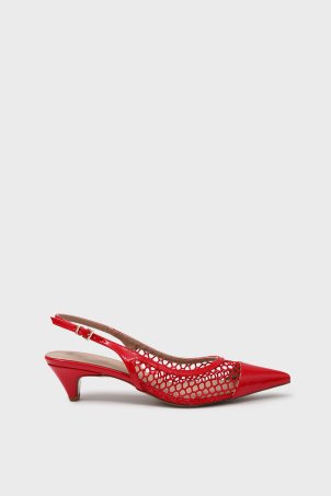 SKT-073 Red Patent Leather Patent Women's Heeled Shoes with Mesh Detail