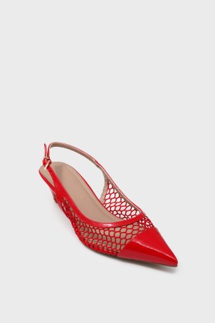SKT-073 Red Patent Leather Patent Women's Heeled Shoes with Mesh Detail