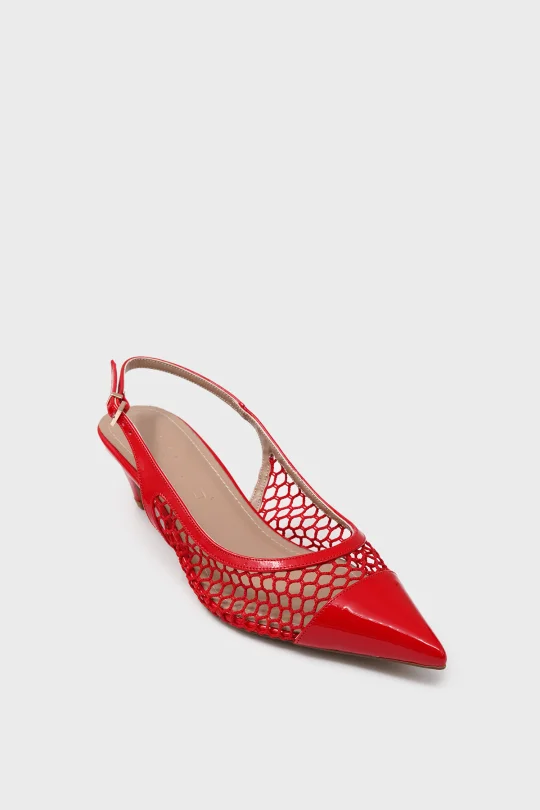 SKT-073 Kırmızı Rugan File Detaylı Kadın Topuklu Ayakkabı