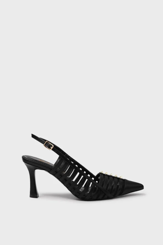 SKT-075 Siyah Deri Arkadan Bantlı Kadın Topuklu Ayakkabı