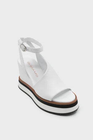 SKD-047 Beyaz Deri Platform Tabanlı Sandalet