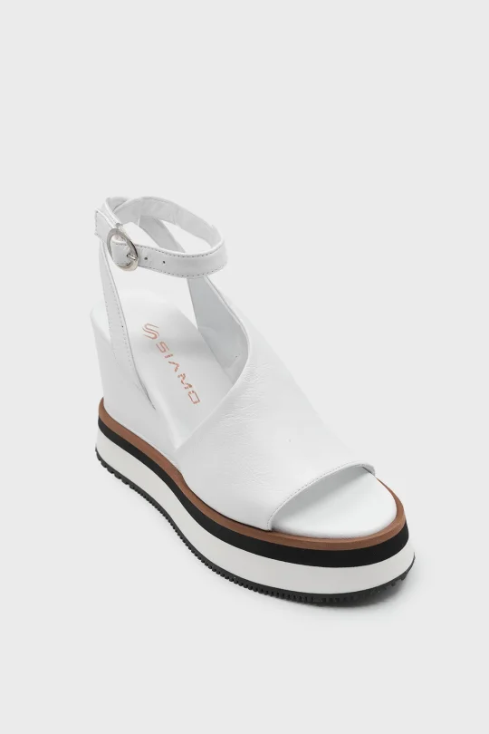 SKD-047 Beyaz Deri Platform Tabanlı Sandalet