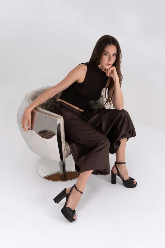 SKT-076 Kahverengi Deri Platform Topuklu Konfor Ayakkabı