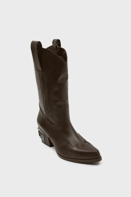 SKC-015 Kahverengi Deri Aksesuar Detaylı Western Kadın Çizme