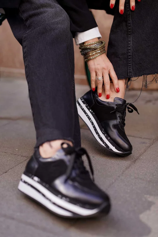 SKS-064 Siyah Deri Kadın Sneaker