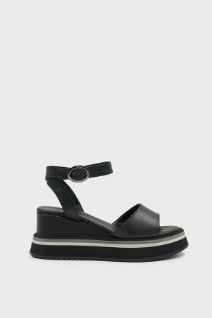 SKD-054 Siyah Deri Platform Tabanlı Sandalet