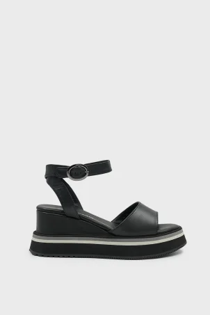 SKD-054 Siyah Deri Platform Tabanlı Sandalet