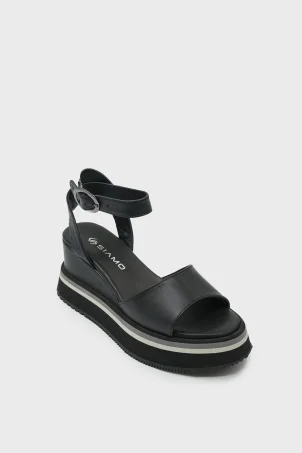 SKD-054 Siyah Deri Platform Tabanlı Sandalet