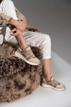 SKS-087 Bej Süet Lastikli Deri Kadın Sneaker