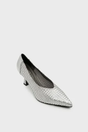 SKT-104 Gümüş Deri Kadın Topuklu Ayakkabı