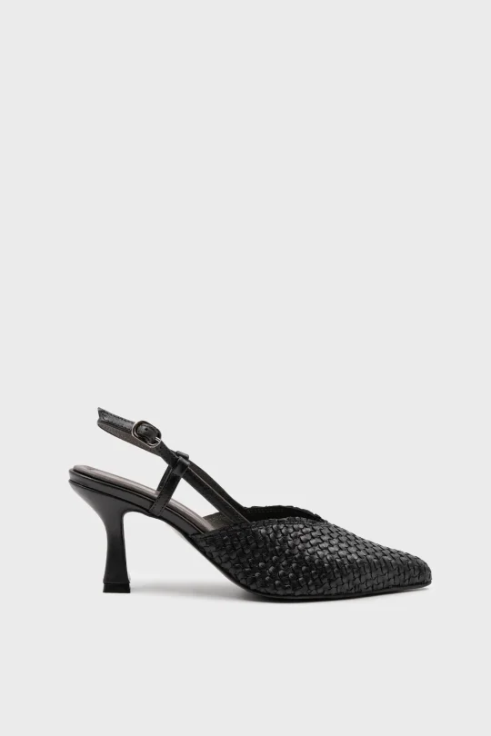 SKT-105 Siyah Deri Kadın Topuklu Ayakkabı