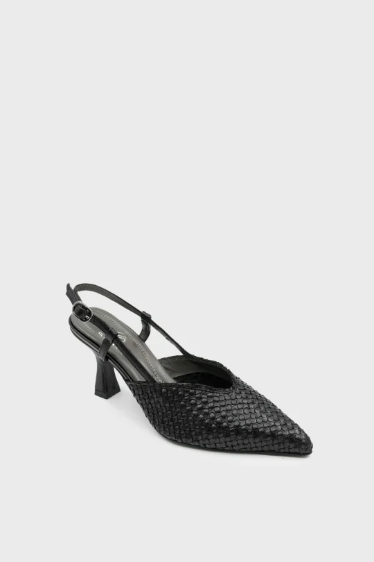 SKT-105 Siyah Deri Kadın Topuklu Ayakkabı