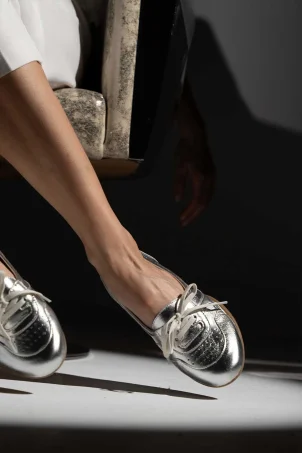SKS-095 Gümüş Deri Kadın Sneaker